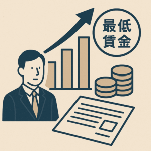 スーツ姿の男性と上昇するグラフ、コインの山、最低賃金の文字が描かれた、最低賃金引き上げを表すイラスト