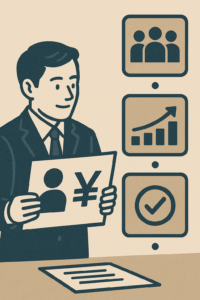 「スーツ姿の男性が人物と円マークの描かれた用紙を持ち、横に人材、業績向上、承認、給与（賃金）を示すアイコンが並んだイラスト